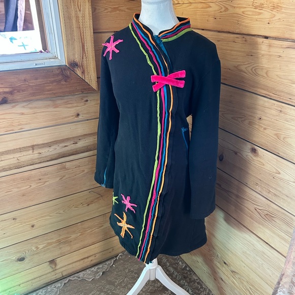 Vintage Black Boho Hippy Jacket Coat Festival Artsy Funky Asian Cotton Sz Large - Picture 2 of 14